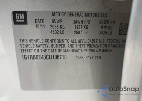 2012 Chevrolet Volt z USA, uszkodzony, nr VIN 1G1RB6E43CU106710